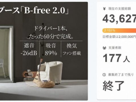 累計7,900万円超の防音ブース「B-free 2.0」、2週間限定アンコールファンディング開始