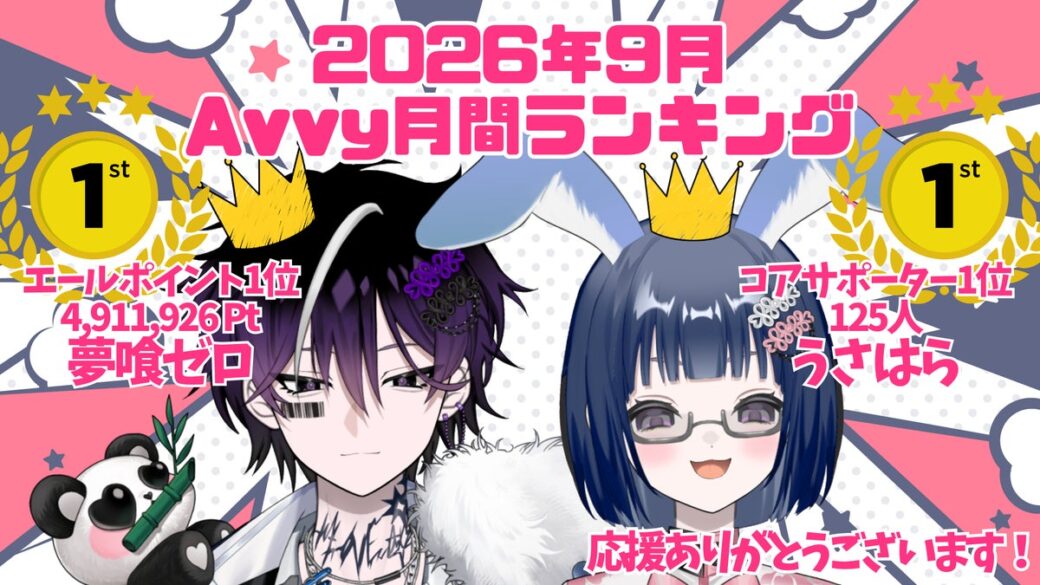 Avivi所属VTuber「夢喰ゼロ」と「うさはら」が「2026年9月Avvy月間ランキング」でそれぞれ1位を獲得